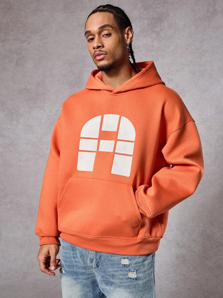 Men's Thermal Lined Hoodie With Burnt Orange Berries Color Letter Graphic Print, Autumn/Winter