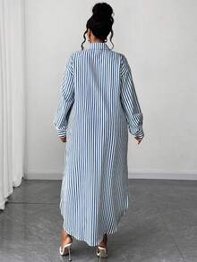 Maweii Plus Size Women's Casual Abstract Portrait & Striped Print Shirt Collar Side Slit Puff Sleeve Maxi Party Dress, Suitable For Back To School Season