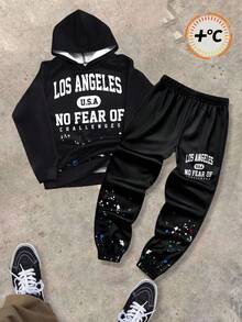 SHEIN 2 件儿童/青少年男童休闲日常舒适印花连帽运动衫和慢跑裤套装 - 黑色 - 查看 3