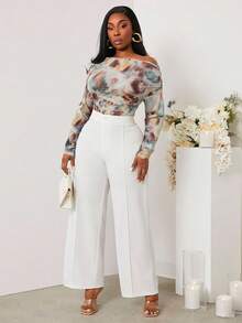 SHEIN SXY New Fashionable Plus Size Casual Multi-Color Print Off-Shoulder Long Sleeve Bodysuit/Fall/Winter One Shoulder Top Plus Bodysuits For Women