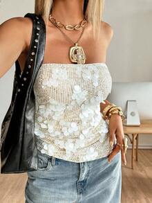 Siren Gaze 优雅亮片抹胸上衣，适合女士穿着，2025 秋季新款不对称下摆无肩带外出上衣，时尚派对婚礼宾客装扮，日常通勤街头商务休闲必备单品，亮片闪耀晚装，万圣节圣诞派对必备，复古贵族风白色无肩带亮片抹胸上衣 - 杏色 - 查看 2