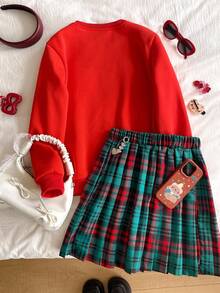 Girls Sweatshirt Set,Cute Autumn Red Sweatshirt With Bear Graphic & Green Plaid Pleated Skirt,Fashionable School Outfits For Daily Wear,Shopping - Multicolor - View 2