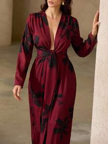 Aveloria Rosie Red & Black Floral Print Maxi Dress With Tie Knot Detail, Sexy Deep V-Neck, Long Sleeve, Stretchy