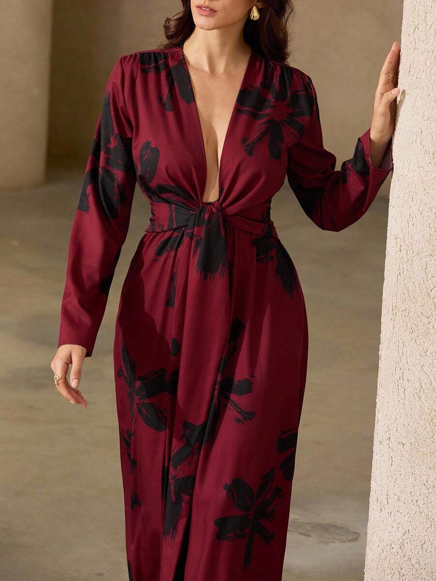 Aveloria Rosie Red & Black Floral Print Maxi Dress With Tie Knot Detail, Sexy Deep V-Neck, Long Sleeve, Stretchy