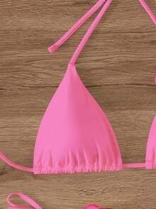 Swim Chiccia Summer Beach Appliques Halter Triangle Tie Side Bikini Set - Pink - View 3