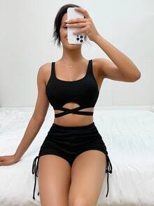 Swim Basics Summer Beach Ladies' Solid Hollow Out Bandeau Bikini Set With Ruched Detail Rave Lollapalooza - Black - View 4