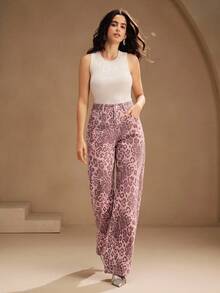 Anewsta Quần jean ống đứng họa tiết da báo dành cho nữ, phù hợp cho mùa thu, đông, xuân, năm mới, tiệc tùng, thanh lịch, sang trọng, sành điệu, giáng sinh, lễ hội, ngày lễ, đi chơi, thường ngày - Hồng - Xem 5