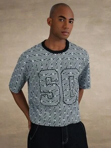 STYNVO Men's Waffle Texture Digital Print Casual Short Sleeve T-Shirt - Black and White - View 3