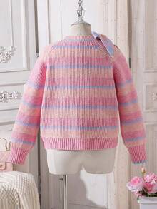 Tween Girls' Bow-Accent Sweaters Thick Long-Sleeve Loose Knit Pullovers Autumn/Winter School Everyday Pink And Purple Striped Cute - Pink - View 2