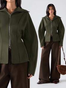 LYSMO 女士纯色简约休闲长袖拉链夹克秋冬女装 - 軍綠色 - 查看 7