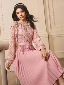 少女圆领长袖蕾丝拼布褶皱优雅派对连衣裙，适合万圣节、圣诞节 - 粉色 - 查看 1