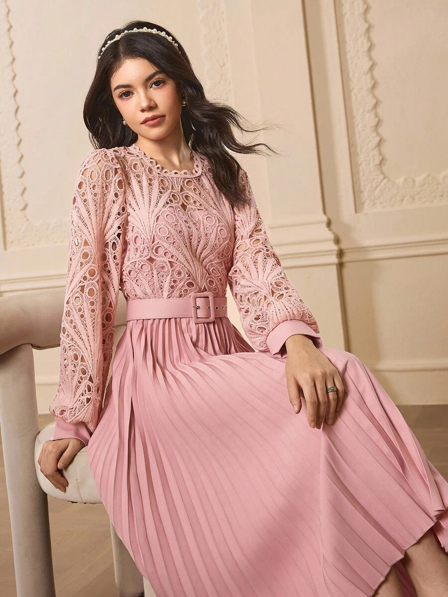 少女圆领长袖蕾丝拼布褶皱优雅派对连衣裙，适合万圣节、圣诞节 - 粉色 - 查看 1