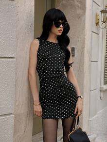 SHEIN PETITE Autumn Sleeveless Round Neck Ruched Waist Bodycon Polka Dot Mini Dress, Flattering Petite Design For Women - Black - View 7