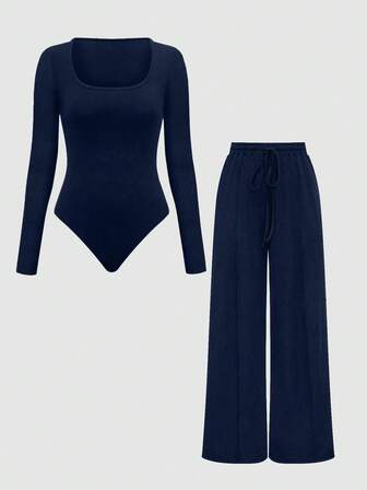 Chiquease 2pcs Set: Solid Color Asymmetric Hem Top And Pants