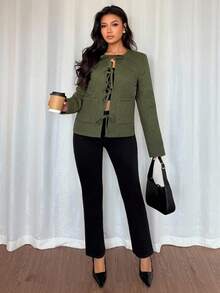 Rafferiza Manteau matelassé avec nœud papillon pour femmes, automne/hiver - Militaire verte - Voir 4