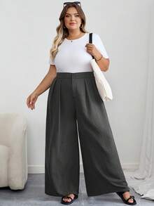 SHEIN CURVE+ Curves 大码/学校服装/返校服装/返校大码女士办公室服装，黑色高腰直筒休闲裤，简约时尚，适合日常穿着