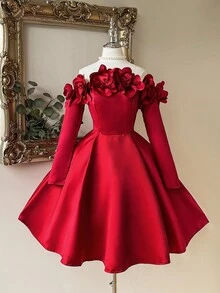 Lovelzi Elegant Glamorous 3D Floral Jewel Embellished Off Shoulder Long Sleeve A-Line Evening Party Maxi Dress - Red - View 4
