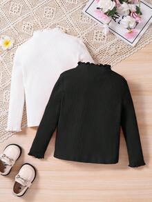 SHEIN 青少年女孩最便宜买 1 送 1 2 件/套休闲基本百搭波浪边立领长袖纯色上衣 2 件/套，秋冬，非常适合休闲和日常穿着和学校日常，学院风格，返校，派对 - 彩色 - 查看 2