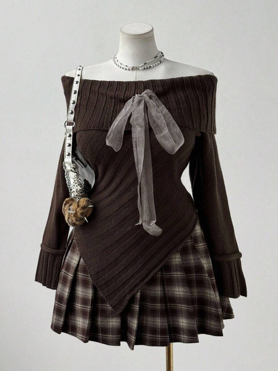 Flirla 复古可爱粗针织不对称下摆露肩蝴蝶结套头毛衣，秋冬棕色衬衫，哥特式上衣，巧克力棕色上衣，深棕色上衣，复古秋季 - 棕色 - 查看 1