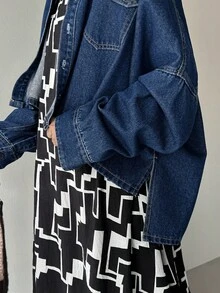 FRIFUL Women's Autumn Dropped Shoulder Long Sleeve Single-Breasted Pocket Casual Loose Denim Jacket Denim Jumper Blue Graphic Shirt Oversized Jean Jacket Cropped Denim Jacket Plus Size Denim Jackets