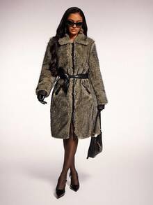 Radiana 女士棕色复古奢华蓬松长款大衣，秋冬高端时尚蓬松厚外套 - 棕色 - 查看 6