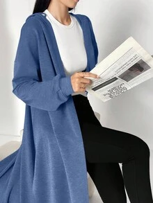 Al Najma 女士休闲纯色抽绳连帽长款阿拉伯长袍，春秋季，休闲穆斯林服装长款运动衫长袍，适合日常休闲/返校/旅行 - 霧霾藍 - 查看 6