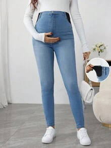 SHEIN Maternity High Waist Skinny Casual Versatile Jeans - Light Wash - View 3