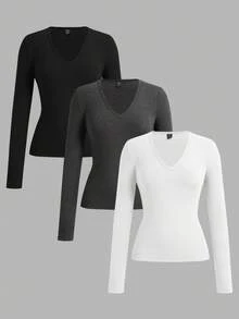 SHEIN EZwear 3 件套女士深 V 领修身休闲长款基本款保暖内衬长袖 T 恤套装，适合秋冬季 - 彩色 - 查看 13