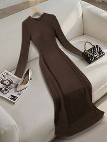 Franclia 女士条纹纹理优雅圆领中长连衣裙 - 棕色 - 查看 4