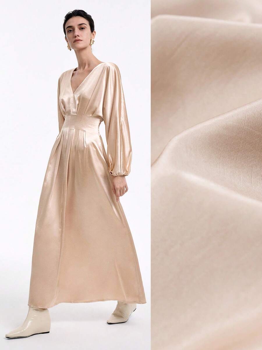 Aalyst Elegant Dining Satin Long Dress,Champagne Gold V-Neck Raglan Sleeve Pleated High-End Minimalist Autumn Winter Dress With Pockets - Apricot - View 1