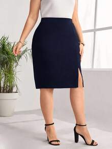 Miaspire Chân váy bút chì xẻ tà màu trơn cạp cao cỡ lớn cho nữ cỡ lớn - Màu xanh hải quân - Xem 7
