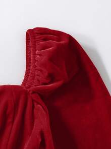 SHEIN Tween Girl Casual Minimalist Comfortable Puff Sleeve A-Line Waist Cinched Dress - Red - View 4