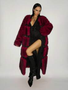 SHEIN ICON 女士仿皮草大衣，前卫性感，适合派对约会，秋冬，拼布皮革，时尚戒指 - 彩色 - 查看 11