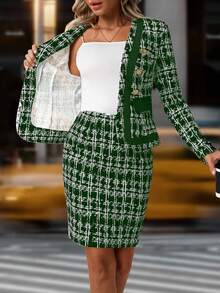 SHEIN Clasi Women's Elegant Plaid Pattern Jacket And Pencil Skirt Suit, Suitable For Office And Commute - Dark Green - View 4