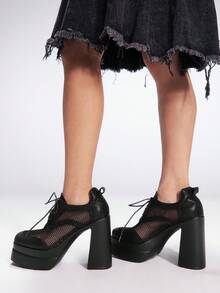 Sugerpunk Women's Black Mesh High Heel Pumps, Suitable For Daily, Goth, Punk, And Campus Wear - Black - View 4