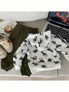 2pcs Baby Boy Knitted Dinosaur Pattern Hooded Sweatshirt And Pants Set - Multicolor - View 2