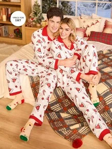CoupledUp Men's Woven Christmas Themed Print Colorblock Long Sleeve Top & Trousers Pajama Set, Fall Winter Clothes