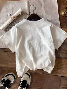 SHEIN 年轻女孩蓝色蝴蝶结创意美学印花短袖 T 恤，可爱芭蕾舞者风格夏季上衣