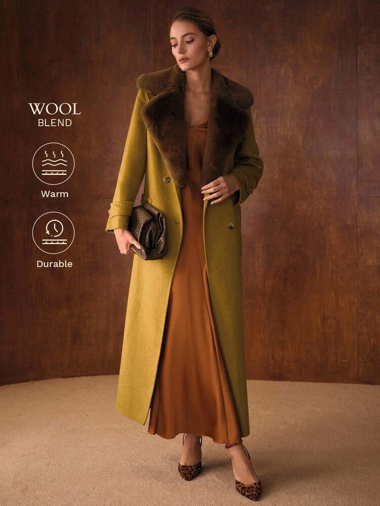 CONTRAST FUZZY LAPEL COLLAR PATCH POCKET BUCKLE BELTED OVERCOAT