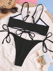 SHEIN Swim Summer Beach Plain Rib Drawstring Bikini - Black - View 5