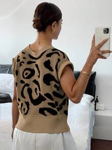 SHEIN Frenchy 秋冬大码女式豹纹针织上衣、短袖毛衣 - 灰色 - 查看 2