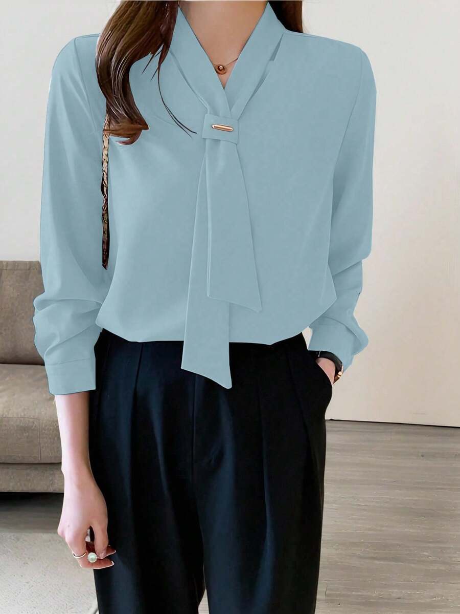 Women's Solid Color Bowknot Design Long Sleeve Elegant Blouse Fall Cloth For Women - Blue - View 1