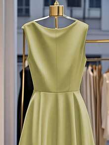 Franclia Women's Elegant Solid Color Waist Cinched Dress - Green - View 5
