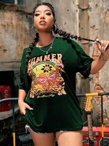 Flirla 夏季大码蝴蝶和字母图案落肩 T 恤 - 墨綠色 - 查看 3