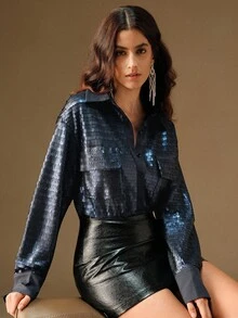 Anewsta Autumn New Sequin Embellished Blouse For Women, Navy Blue, Luxury High-End Party Top With Pockets, Fashionable Sparkling Shirt - Navy Blue - View 4
