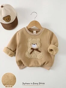 Cozy Pixies Baby Girl Cartoon 3D Plush Bow & Bear Pattern Crew Neck Long Sleeve Soft Warm Sweatshirt, Suitable For Autumn/Winter