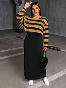SHEIN Essnce 大码女装秋冬时尚休闲日常舒适黑白条纹长袖宽松T恤和黑色背心长裙两件套，曲线套装，连衣裙套装，女士街头服饰，春装，女士机场装，大学生装 - 彩色 - 查看 5