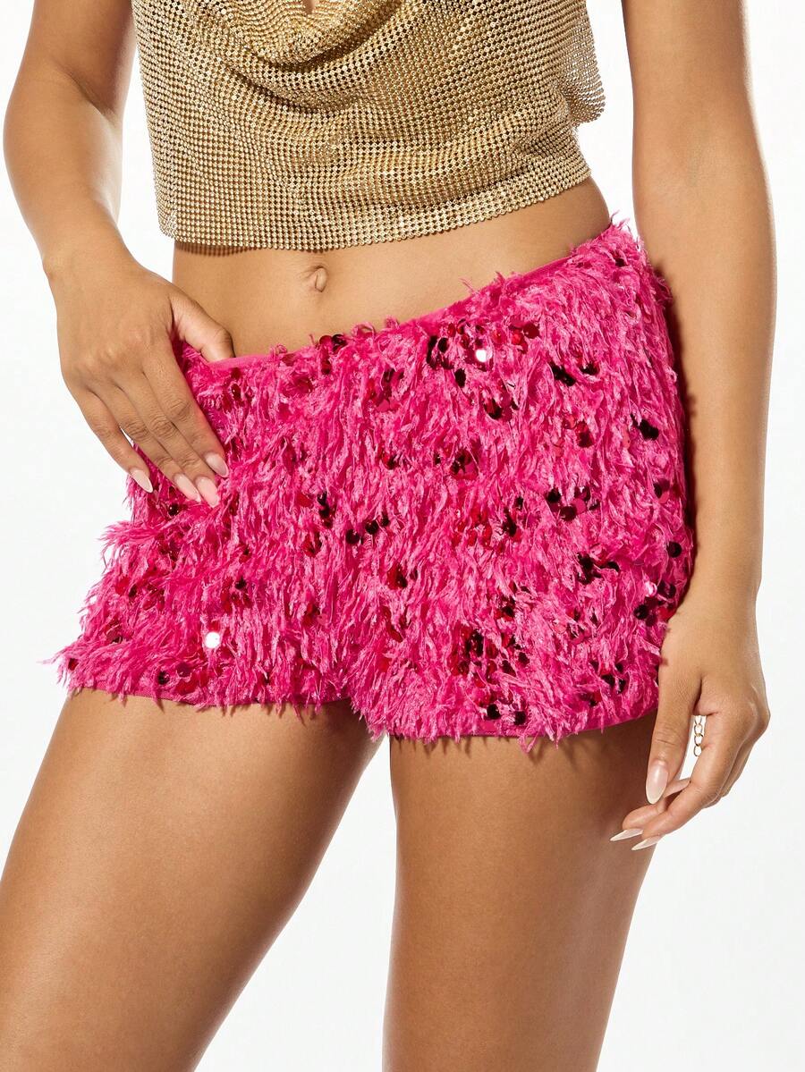 SUMWON WOMEN Flauschige, pelzige Pailletten Party Shorts mit hoher Taille und niedriger Leibhöhe, Booty Shorts für Festivals, Clubs, Mini Hot Pants für Sommer Raves, funkelnde Glitzer Clubwear - Heißes Pink - Übersicht 1