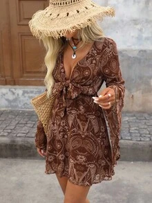 Brillora Combinaison-robe imprimée tissée à col en V avec nœud devant et manches évasées pour femmes, robes casual pour femmes