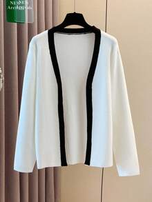 SHEIN Clasi Áo khoác cardigan viền khối màu tối giản, giản dị cỡ lớn, mùa thu - Đen và trắng - Xem 3